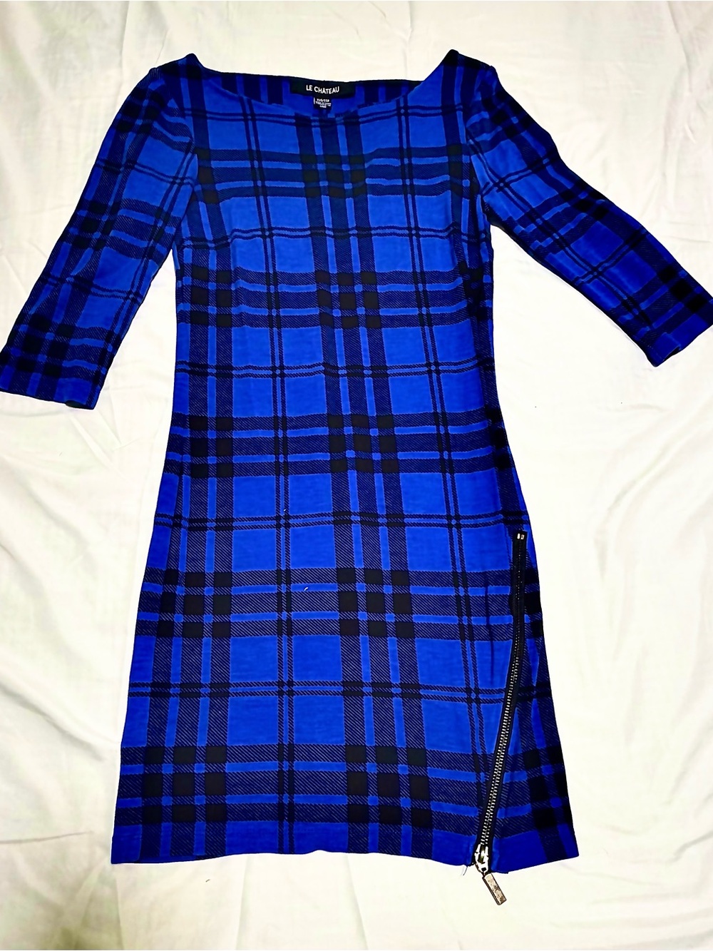 le chateau Blue Plaid Midi Sheath Dress with Side Zip